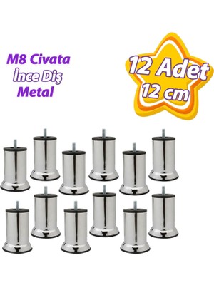 12 Adet Metal Destek Ayağı 12 cm Krom Mobilya Kanepe Baza Koltuk Ünite Ayakları Metrik 8 Civatalı Ince Diş