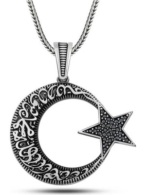 Gümüş Kelime-I Tevhid Yazılı Taşlı Erkek Kolye