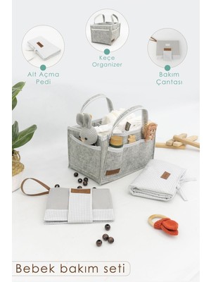 3'lü Bebek Bakım Seti Keçe Anne Bebek Organizeri, Su Geçirmez Alt Açma Pedi, Alt Açma Çantası, Gri