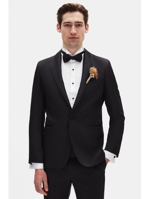 Twn Slim Fit Siyah Armürlü Smokin Takim Elbise 4ESS5VT01526M