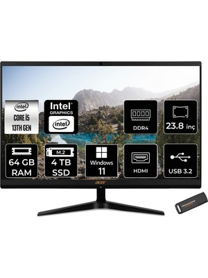 Acer Aspire C24 Intel Core I5 1335U 64GB 4tb SSD 23.8" Fhd Windows 11 Pro All In One Bilgisayar & Per4 USB Bellek DQBKMEM006P450