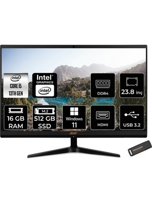 Acer Aspire C24 Intel Core I5 1335U 16GB 512GB SSD 23.8" Fhd Windows 11 Pro All In One Bilgisayar & Per4 USB Bellek DQBKMEM006P412