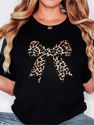 Kadın Fiyonk Leopar Baskılı Beyaz Siyah T-Shirt Oversize Salaş