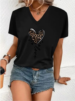 Woodroffe Kadın V Yaka Beyaz Siyah T-Shirt Baskılı Oversize Salaş