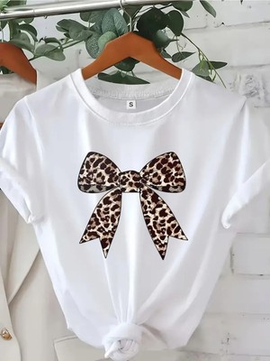 Kadın Fiyonk Leopar Baskılı Beyaz Siyah T-Shirt Oversize Salaş