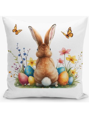 Çift Taraflı Dijital Baskı Kırlent Kılıfı Tavşan Desenli - Çocuk Odası - Paskalya - Happy Easter