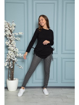 Kadın Siyah Renkli Yandan Bağlamalı Büzgülü Tunik ve Taytlı Pijama Takımı 28372BÜZ