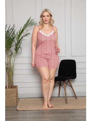 Kadın Pembe Çiçekli Büstiyerli Dantel Detaylı Şortlu Pijama Takımı 20052
