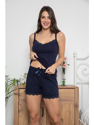 Kadın Lacivert Renkli Büstiyerli Dantel Detaylı Şortlu Pijama Takımı 20011