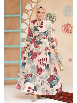 Çiçek Desenli Vişne Tesettür Elbise 10214VSN