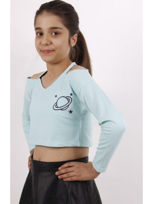 Toontoy Kız Çocuk Gezegen Baskılı Crop Tişört