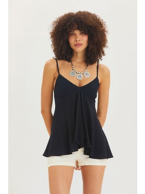 V Yakalı Askılı Yazlık Bohem Bluz Siyah