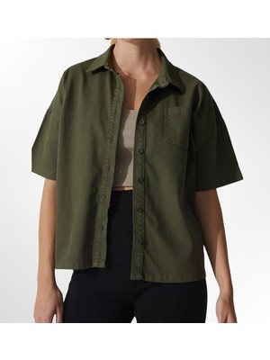 Kadın Haki Oversize Kısa Kollu Cepli Düğmeli Denim Pamuk  Gömlek