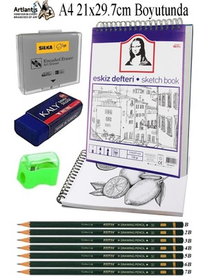Artlantis A4 Telli Eskiz Defteri Spralli 50 Yaprak Karakalem Çizim Seti Fatih Dereceli Kalem Hamur Silgi Sınav Silgisi Kalemtraş