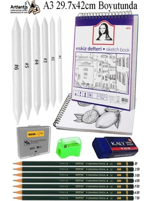 Artlantis A3 Telli Eskiz Defteri Spiralli 50 Yaprak Karakalem Çizim Seti Fatih Dereceli Kalem Gölgelendirme Kalemi Hamur Silgi