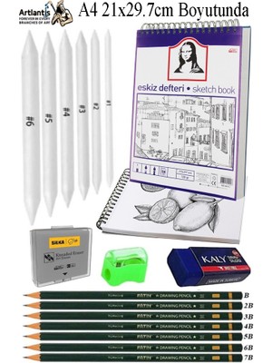 Artlantis A4 Telli Eskiz Defteri Spiralli 50 Yaprak Karakalem Çizim Seti Fatih Dereceli Kalem Gölgelendirme Kalemi Hamur Silgi