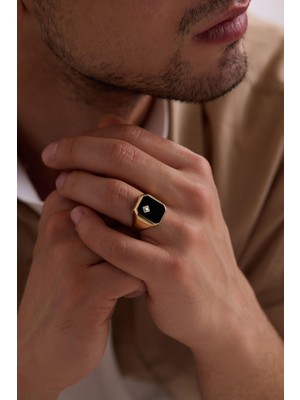 14 Ayar Taşlı Siyah Mineli Erkek Altın Yüzük