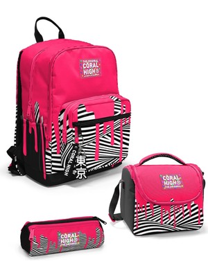 Coral High Pembe Siyah Beyaz Desenli 3’lü Okul Çanta Seti SET0123678