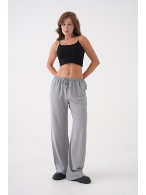 Kadın Gri Bol Kesim Beli Lastikli ve Bağlamalı Modal Pantolon 29092