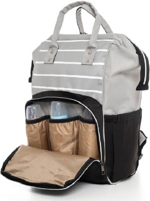 Biberon Termoslu Sıvı Geçirmez Puset Askı Aparatlı Siyah Füme Çizgili Anne Bebek Bakım Sırt Çantası