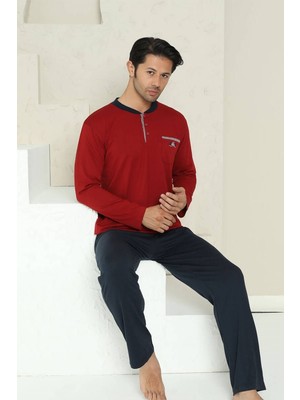 Alimer Erkek Bisiklet Yaka 3 Düğmeli Göğüs Cepli Pamuk Likra Mevsimlik Uzun Kol Pijama Takımı