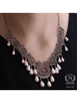 Nusret Takı Beyaz İnci Taşlı 925 Ayar Gümüş Telkari Kolye