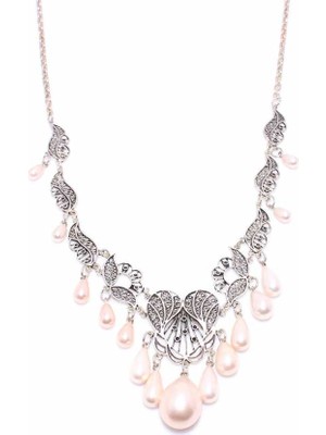 Nusret Takı 925 Ayar Gümüş Damla İnci Taşlı Telkari Kolye