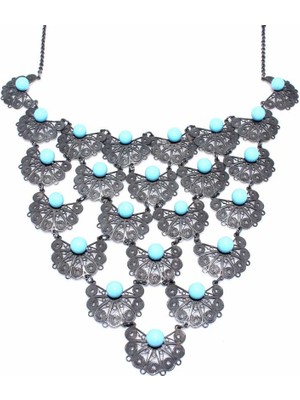 Nusret Takı 925 Ayar Gümüş Turkuaz Ay Modeli Telkari Kolye