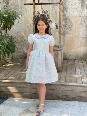  kız Çocuk Doğum Günü Bayramlık Abiye  Gümüş Renk Elbise