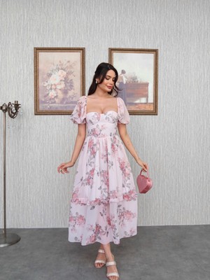 Karpuz Kol Çiçekli Şifon Elbise