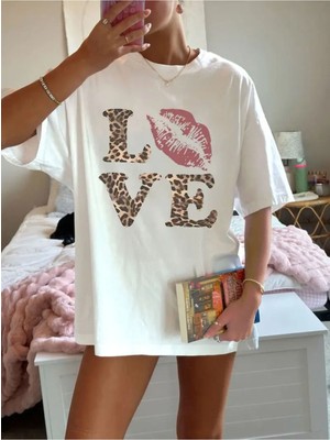 Woodroffe Kadın Fiyonk Leopar Baskılı Beyaz Siyah T-Shirt Oversize Salaş