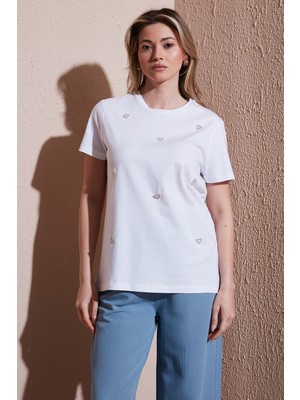 Fashion Friends Taşlı % 100 Pamuk Regular Fit Bisiklet Yaka Bluz Bayan Bluz 25Y0414K1