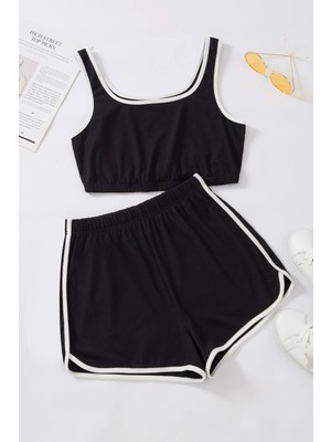 Kadın Siyah Askılı Crop Top ve Şortlu Gecelik Takım