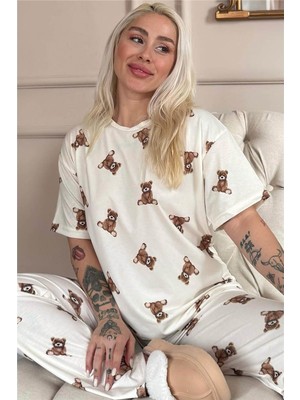 Beige Teddy Desenli Bambu Kısa Kol Kadın Pijama Takımı