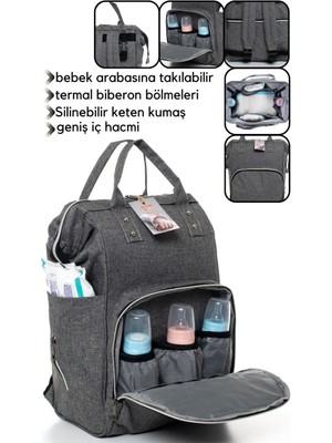Leke Tutmaz Su Geçirmez Keten Kumaş Termal Bölmeli Anne Bebek Bakım Sırt Çantası