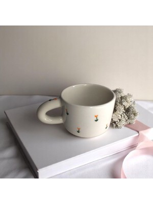 Yuugi Ceramic El Yapımı Seramik Kupa Kalın Kulplu Turuncu Lale Çiçek Desenli Kupa Bardak 180 ml Mug Türk Kahvesi Bardağı