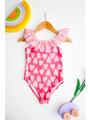 The Littles Kids Kız Çocuk Fırfırlı Arkası Çapraz Pembe Kalpli Hızlı Kuruyan Mayo