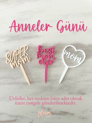 Glam Dekorasyon Best Super Mom 3'lü Rastgele Renk Anneler Günü Pasta Cupcake Kürdanı Yeniden Kullanılabilir Topper