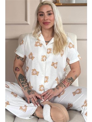 Pijama Evi Doux Bear Desenli Bambu Önden Düğmeli Kısa Kol Pijama Takımı