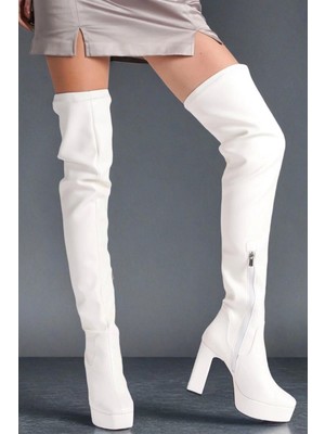 Ersefa Kadın Moda Kalın Topuk Diz Üstü Streç Çizme Şık ve Zarif Abiye Ayakkabı