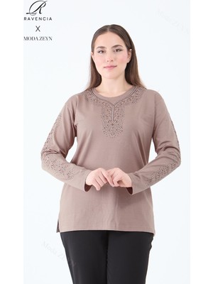 Kadın Orta Yaş ve Üzeri Viskon Şerit Çiçek Desen Taşlı Işlemeli Likralı Hardal Anne Penye Bluz