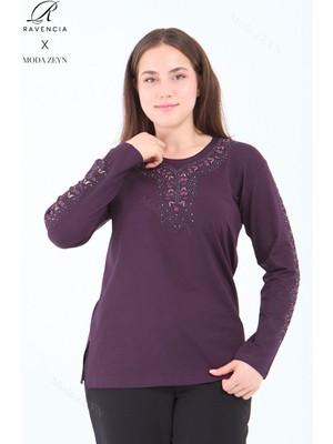Kadın Orta Yaş ve Üzeri Viskon Şerit Çiçek Desen Taşlı Işlemeli Likralı Mürdüm Anne Penye Bluz