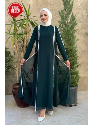 Büyük Beden Düğme Detaylı Elbise 3919-1 Zümrüt