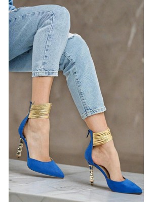 Kadın Altın Bileklikli Topuk Detaylı Sivri Burun Topuklu Ayakkabı Şık Model