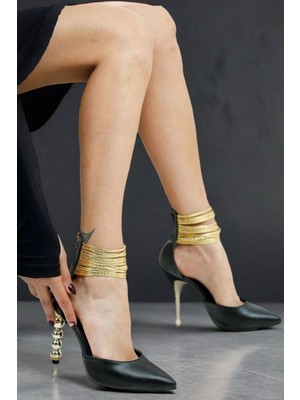 Kadın Altın Bileklikli Topuk Detaylı Sivri Burun Topuklu Ayakkabı Şık Model