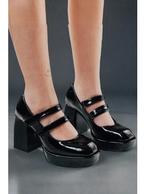 PayBuy Kadın Elegant Ayakkabı Rugan Çift Cırtlı Platform Topuklu Ayakkabı Tasarım Abiye Ayakkabı