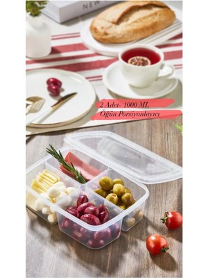 Mediterian 2'li Large 4 Bölmeli 1000 ml Öğünlük Saklama Kutusu, Şeffaf Kapak, Turuncu Renk