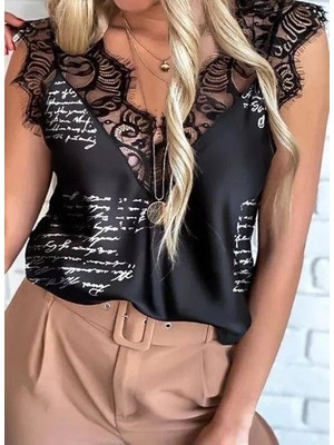 Kadın Mektup Desenli Dantel Detaylı Mikro Kumaş Bluz