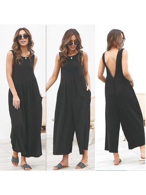 Keten Yazlık Günlük Sırt Dekolteli Salaş Kadın Tulum