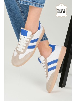 Mio Gusto Tindra  Deri Saks Mavi Şeritli Beyaz Renk Kadın Spor Ayakkabı